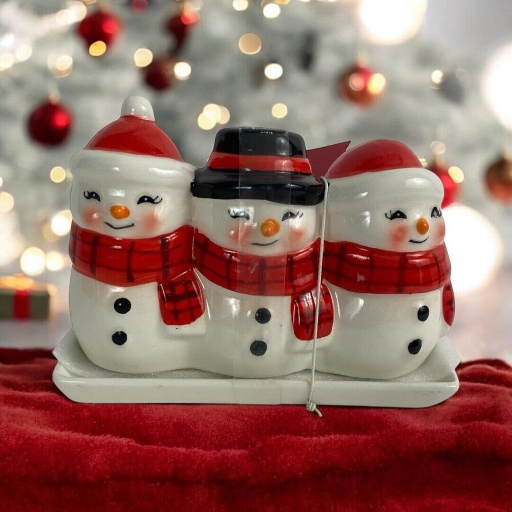 Snowman Trio Butter Dish Hand Painted Ceramic Christmas Kitchen Dining Holiday